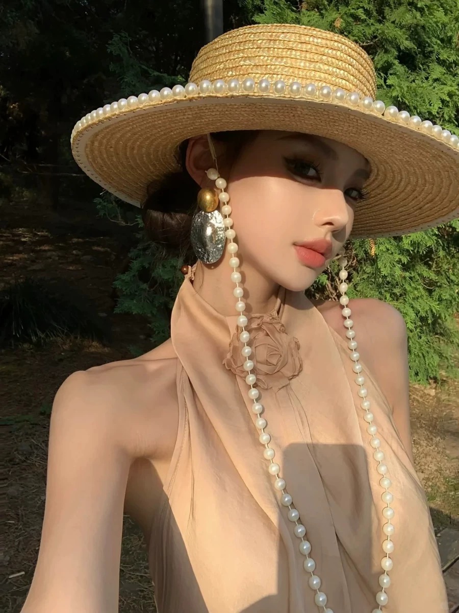 Cowboy Hat Straw - Yeni yaz moda inci zincir hasır