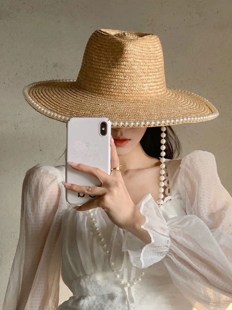 Yeni yaz moda inci zincir hası - Cowboy Hat Straw incelemesi ve fiyatı